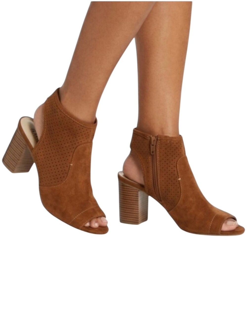 a.n.a Tasha Whiskey Perforated Peep Toe Block Heel Booties - Size 8M